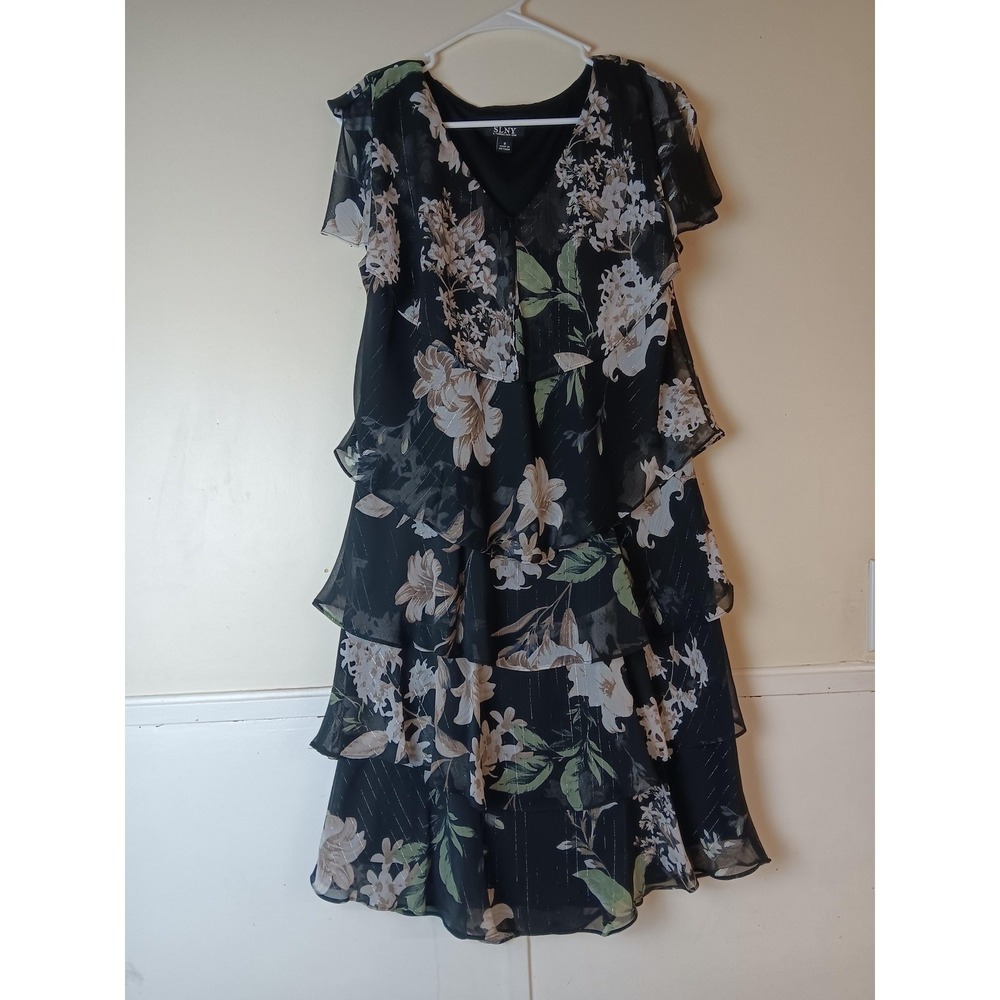 SLNY Dress Womens 8 Black Floral Chiffon Tiered Ruffle A-Line Party Wedding - Picture 3 of 9